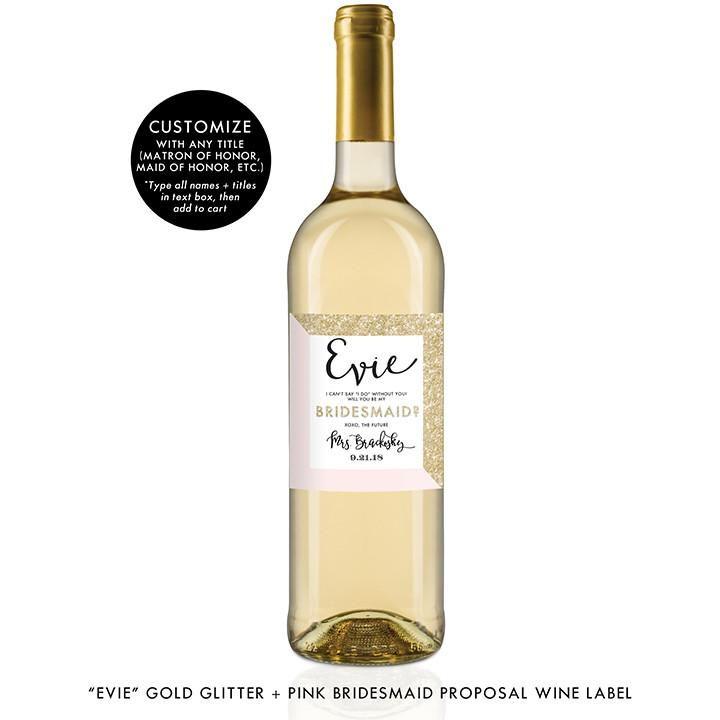 Wedding - "Evie" Gold Glitter   Pink Bridesmaid Proposal Wine Labels