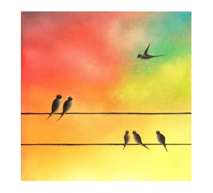 Wedding - Birds on a Wire Painting, Family of Birds Painting, Silhouette Bird Family, ORIGINAL Oil Painting, Abstract Bird in Flight Whimsical Art 8x8
