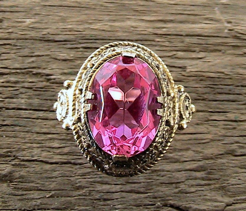 زفاف - Royal Sterling Ring & Gold Plated, Pink Ruby), Russian Sterling Silver Ring, Real 925, Soviet Sterling Silver Ring, Natural Gemstone # 3