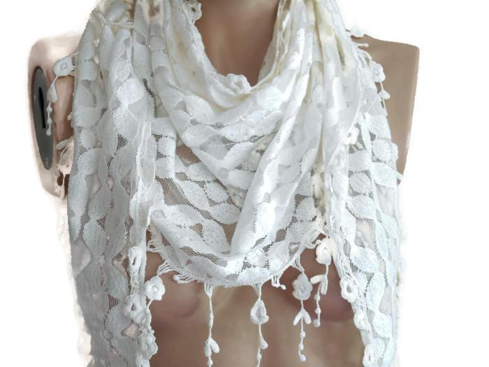 Mariage - White lace scarf, White scarf, Women White scarf, Bridal accessory, Wedding accessory, Bridesmaid accessory, Women accessory, Fashion Scarf