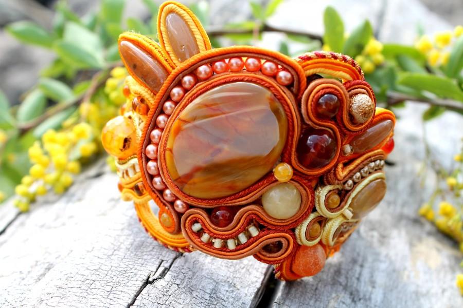 Свадьба - Bracelet Soutache gold and yellow, wide cuff bracelet yellow orange gold, bracelet with agate, summer bracelet, summer gift for her