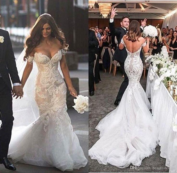 زفاف - Stunning Off The Shoulder Wedding Dresses V Neck Mermaid Organza Lace Bridal Gowns Covered Buttons Castle Plus Size Custom Made Wedding Gown Pakistani Wedding Dresses Short Wedding Dress From Perfectonline, $140.85