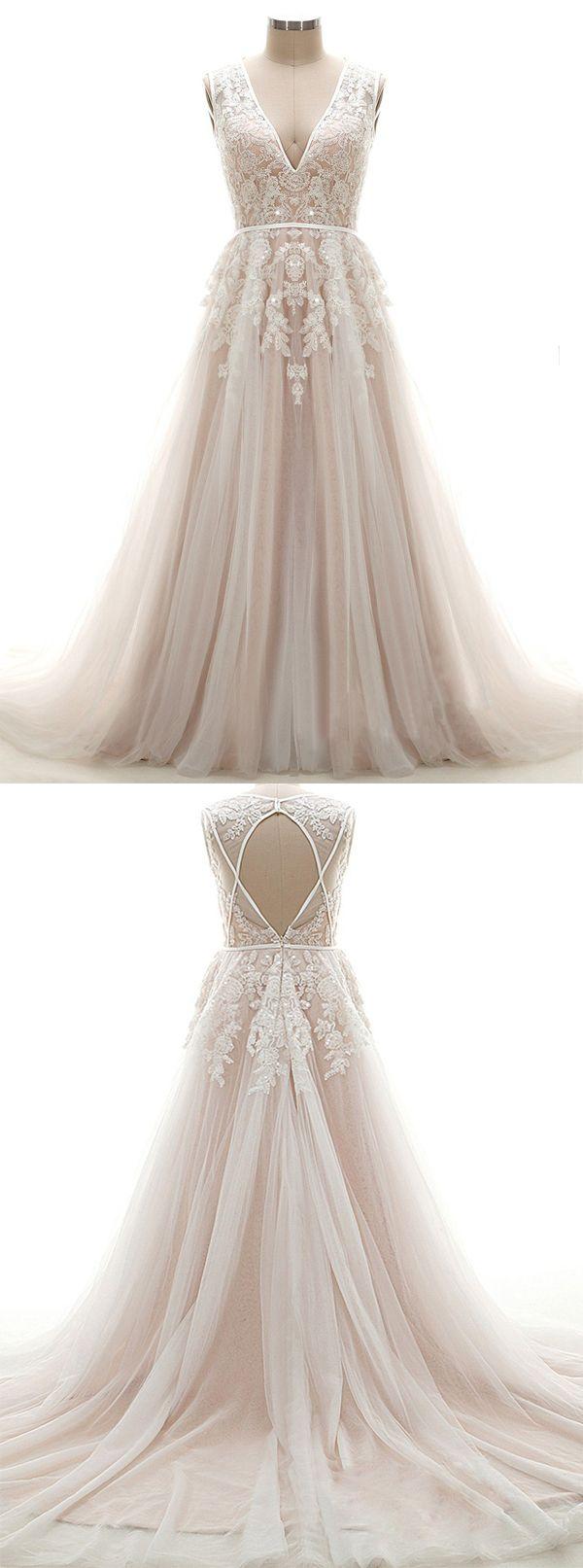 Mariage - A-line Wedding Dress - V-neck Long Tulle Appliques Sequins Sleeveless Zipper-up