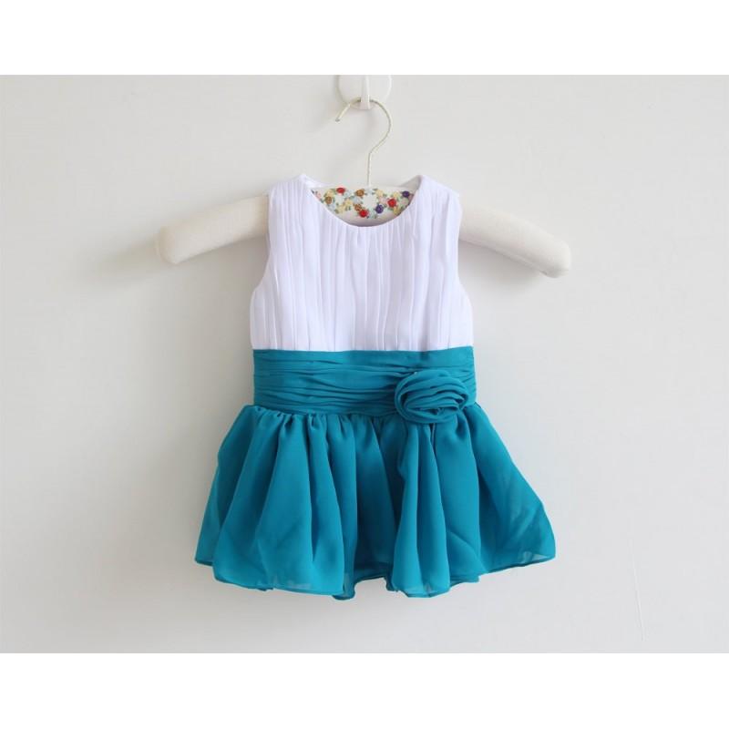 Mariage - White Teal Flower Girl Dress with Straps White Teal Knee-length Chiffon Baby Girl Dress With Flower - Hand-made Beautiful Dresses