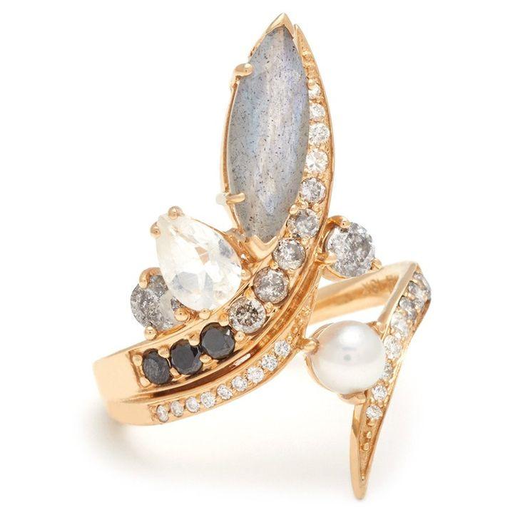 زفاف - Butterfly Wrap Ring - 18k Yellow Gold & Pearl, Labradorite, White And Grey Diamonds