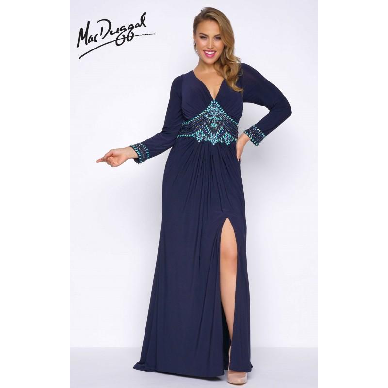 زفاف - Navy/Multi Fabulouss 77210F - Plus Size Sleeves Long High Slit Jersey Knit Dress - Customize Your Prom Dress