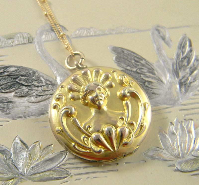 Wedding - Antique Art Nouveau Mermaid Locket Necklace, Gold Filled Locket, Round Locket, Siren Locket, Lady Locket, Sea Nymph, Repousse Locket 1900s