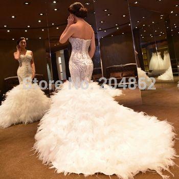 Hochzeit - 2015 Amazing Luxury Tube Top Slim Waist Crystal Rhinestone Mermaid Wedding Dress Fishtail Bridal Gown With 50CM Feather Train-inWedding Dresses From Weddings & Events On Aliexpress.com 