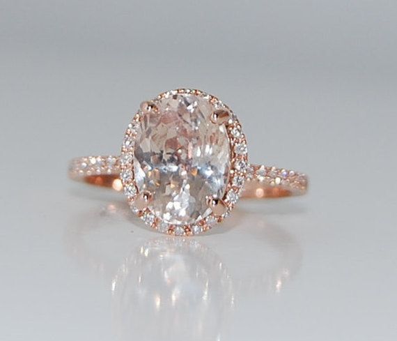 زفاف - 3.5ct Oval Champagne Peach Sapphire Diamond Ring 14k Rose Gold Engagement Ring