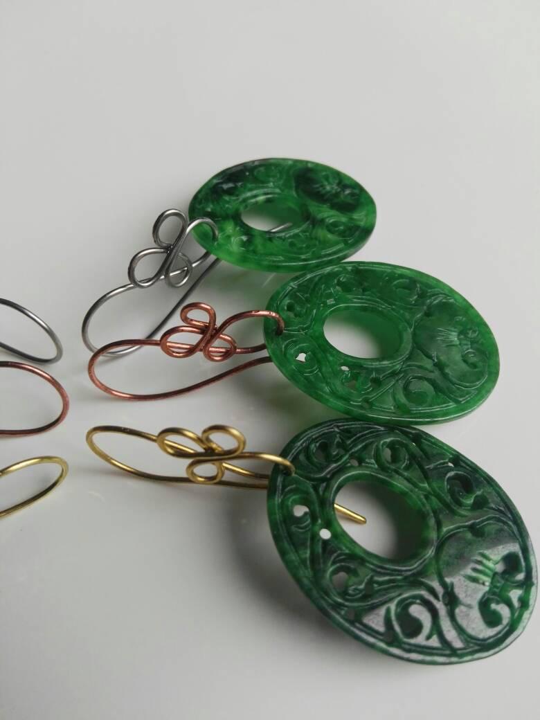 Hochzeit - Precious Jade Imperial Green Jade. Stainles steel. Hand made.Hooks available, copper and brass. Rainbow Jewelry. Craftwork.