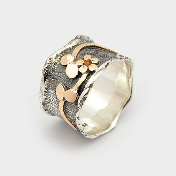 Wedding - Garnet flower ring, Garnet Wave Ring, gift for her, Flower design ring, Wide floral Ring, flower ring, Leaf band ring, SIlver gold ring