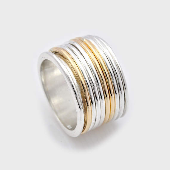 زفاف - Silver worry ring, Silver and Gold Anxiety Ring, Meditation Ring, Multi-Band Spinning Ring, Silver Fidget Ring, wide spinner ring