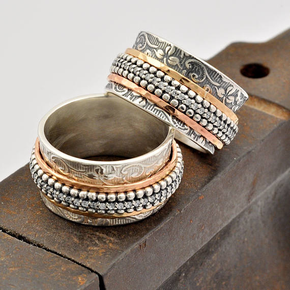 زفاف - Two tone rings set, Gift for her and him, Wedding ring set, Engagement rings, Textured leaf rings, Silver and gold ring, Tri color rings