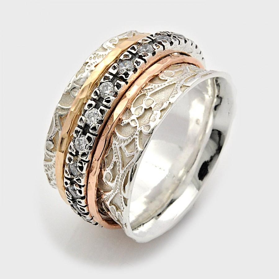زفاف - Tri color spinner, cz spinning ring, wide ring for women, meditation bands, worry rings, anxiety rings, engagement rings, gift for her