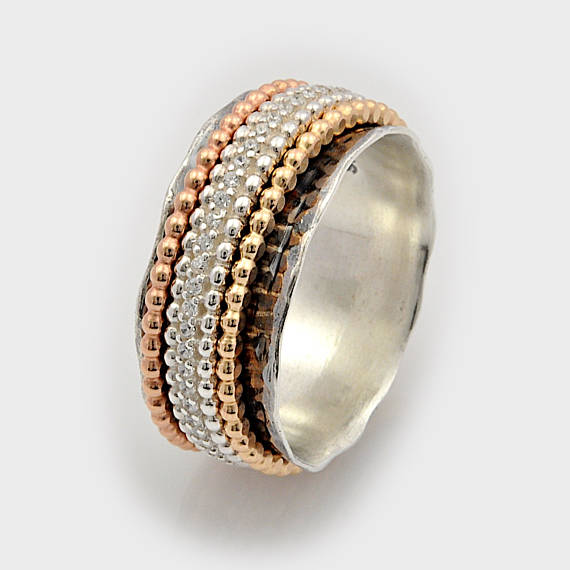 زفاف - CZ Fidget Ring, Cz rotatable ring, Tri color spinner, Multi color ring, Silver and gold Spin Ring, Meditation Ring, gift for her,