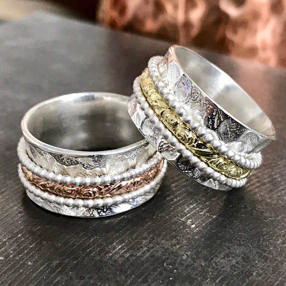 زفاف - Abstract spin ring, silver wedding ring, paisley ring, gift for her, wide Spinner rings for women, meditation band, worry ring, anxiety ring