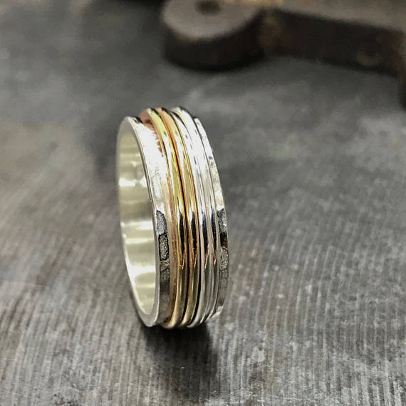 Wedding - Multi-Band Spin Ring, Silver worry ring, Narrow spinner ring, Silver Fidget Ring, Silver and Gold Anxiety Ring, Meditation Ring, gift