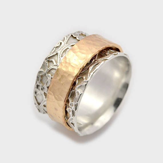 زفاف - Wide rotating ring, Prayer ring, Gypsy ring, spinnable ring, Rotating gold ring, Swivel silver ring, Leaf worry ring, Israeli ring, gift