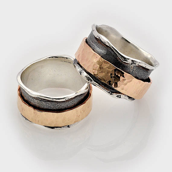 زفاف - Fiddle ring, Stress ring, Fidget jewelry, Multi metal ring, Spin ring, Gold spinner ring, Rolling ring, Silver spinner ring, Wide Spin Ring