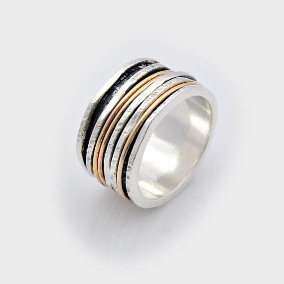 زفاف - Wide spinning ring, unique wedding band, wide spinner ring, Handmade Silver and Gold wide Spinner Fidget Ring