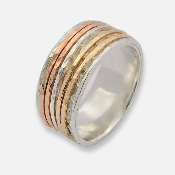 زفاف - Gift for her, Tri-Colored Spinner Ring, Rose Gold Spinner Ring, Silver Ring, Fidget Ring, Leaf Spinner Ring, Worry Ring, anxiety ring