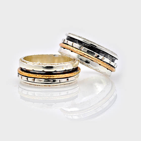زفاف - Silver and Gold Oxidized Spinning Ring, gift for her, Dual Band Spinning Ring, Fidget Ring, Unisex Ring, Silver Spinner Ring, Worry Ring