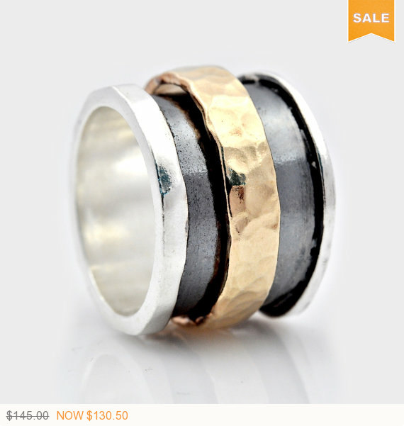 زفاف - SALE Spinner fidget ring, Handmade Silver and Gold Spinning Ring, Spinning Band, Wide Spinning Ring, Oxidized Spinning Ring, ring for women