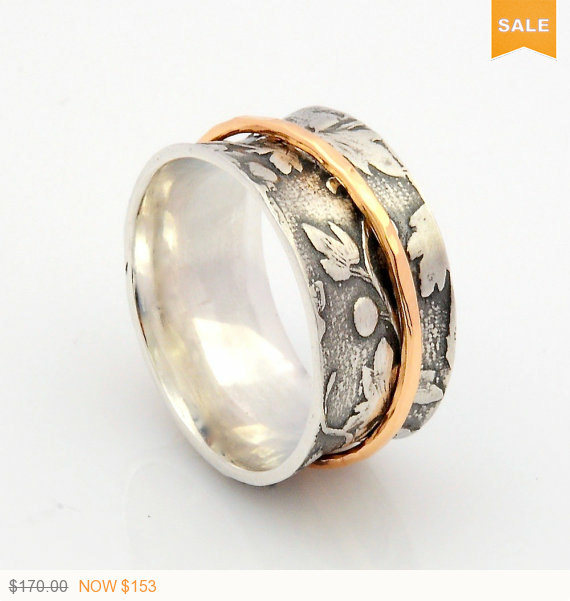 زفاف - Silver and Gold Spinner Ring, Leaf Motif Ring, gift for her, Concave Comfort Fit Ring, Nature Inspired Ring, Gold spinner ring