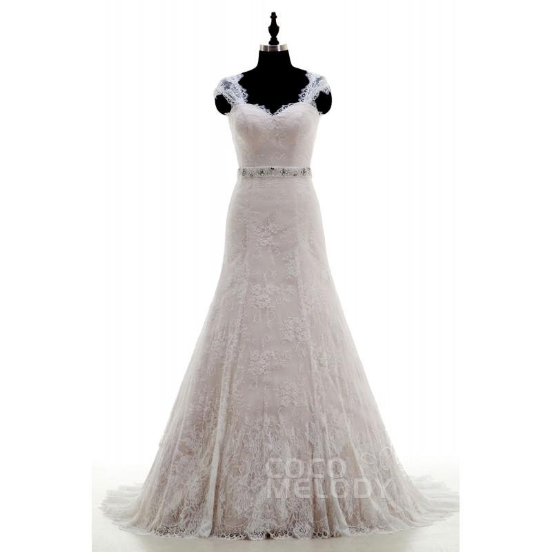 Свадьба - Fashion Sheath-Column Straps Sweep-Brush Train Lace Ivory/Veiled Rose Sleeveless Wedding Dress with Beading - Top Designer Wedding Online-Shop