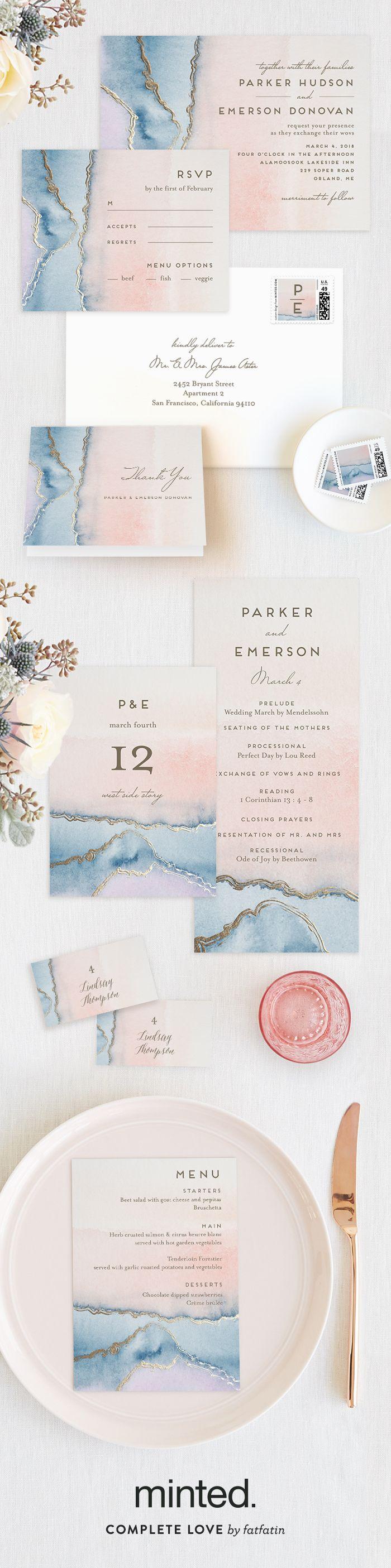 Wedding - "Simple Agate" - Customizable Foil-pressed Wedding Invitations In Pink Or Blue By Petra Kern