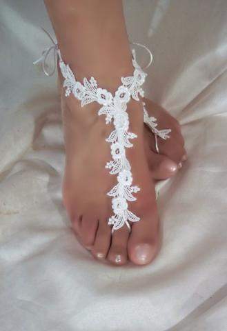 زفاف - Designs by Loure' White Small Flower Lace Barefoot Sandals