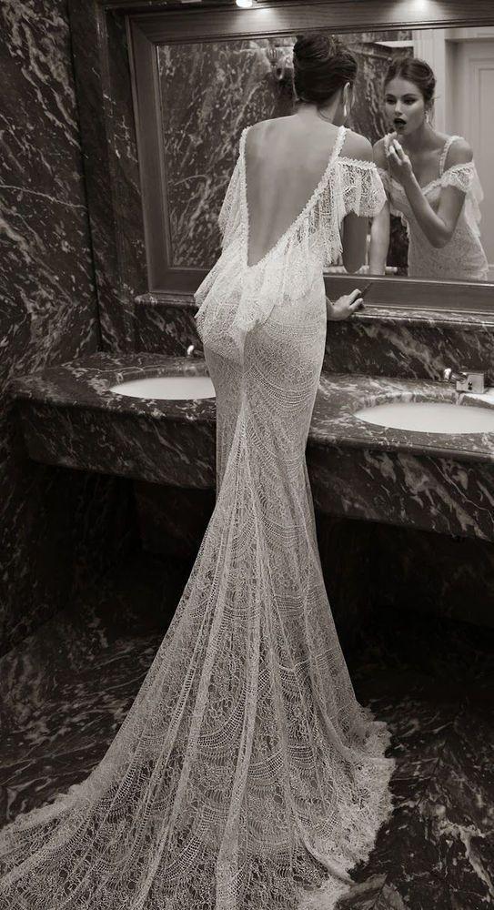 Hochzeit - Berta Replica Sexy Backless White Lace Wedding Dress, Size 6