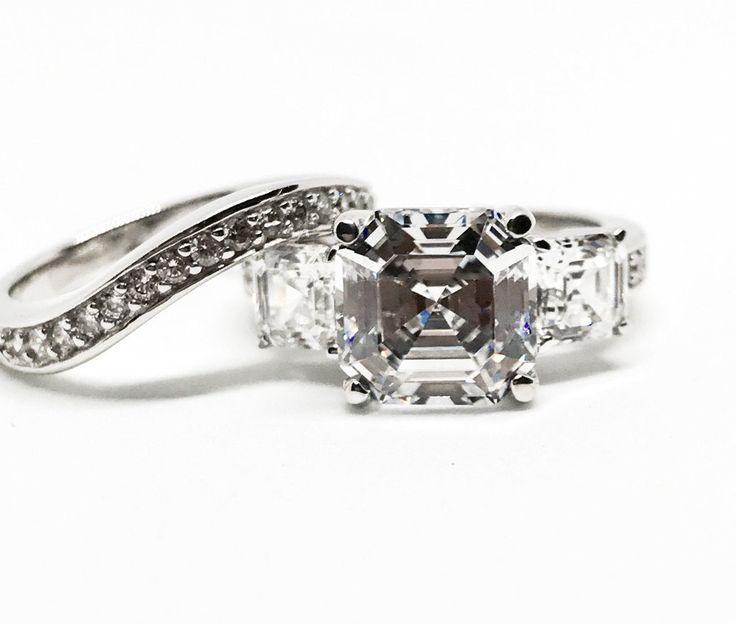 Hochzeit - 4.22CT Asscher Cut Russian Lab Diamond Bridal Set