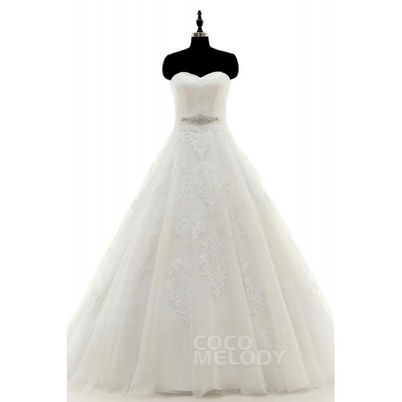Wedding - Divine A-Line Sweetheart 	Court Train Tulle Ivory Sleeveless Zipper With Button Wedding Dress with Appliques Beading and Sashes - Top Designer Wedding Online-Shop