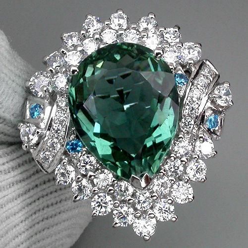 زفاف - A 13.1CT Pear Cut Green Aquamarine Paraiba Blue Apatite White Sapphire Halo Ring