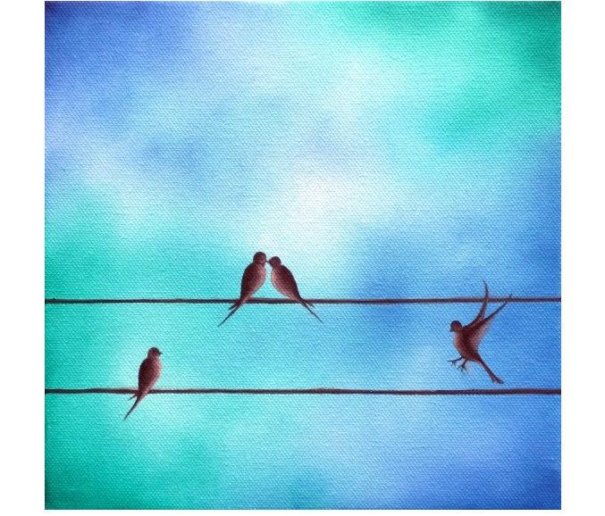زفاف - Family of Birds on a Wire Painting, Blue Art Birds Painting, Silhouette Bird Family, ORIGINAL Oil Painting, Modern Bird Whimsical Art 8x8