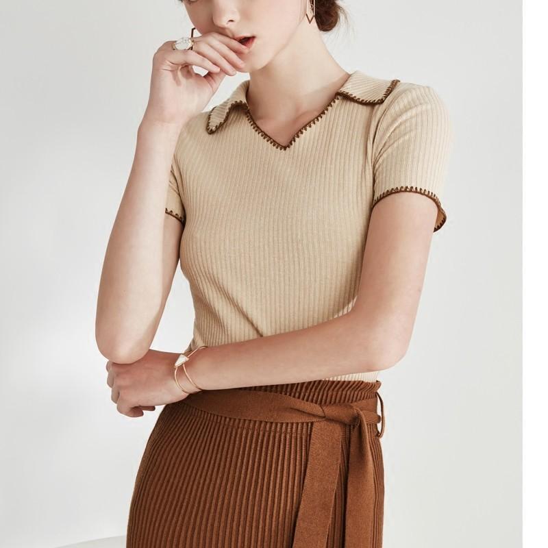 زفاف - Vintage Solid Color Polo Collar Short Sleeves Cotton T-shirt Top - Bonny YZOZO Boutique Store