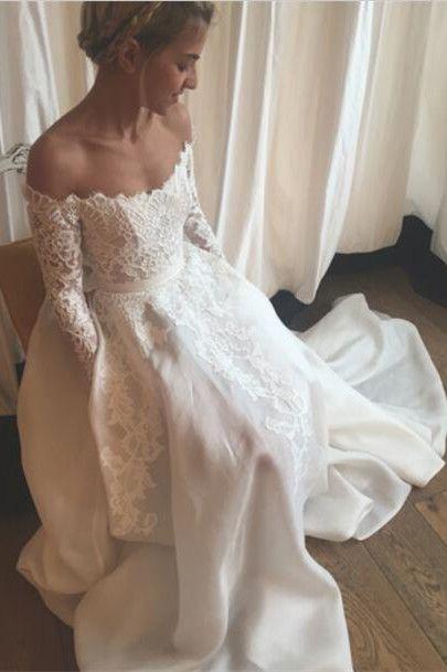 Hochzeit - Stunning Off Shoulder Long Sleeves Floor-Length Wedding Dress With Lace Sash