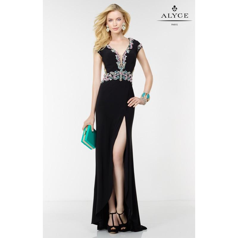 Свадьба - Black Multi Alyce Paris 6522 - Cap Sleeves Crystals High Slit Jersey Knit Dress - Customize Your Prom Dress