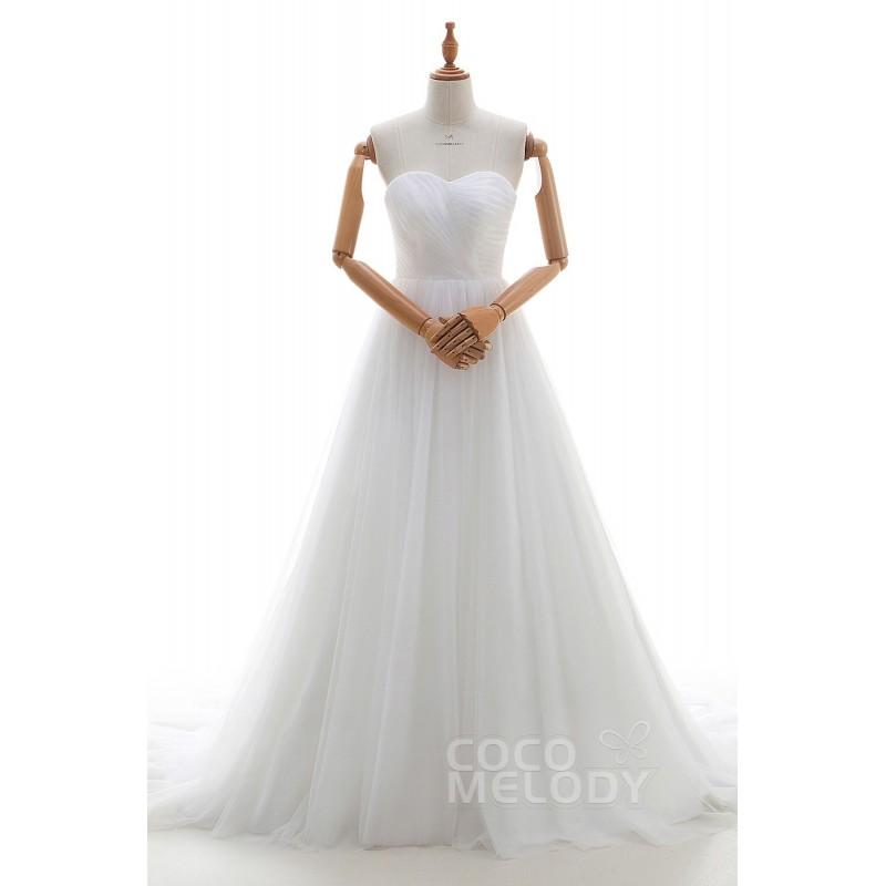 زفاف - Glamour A-Line Sweetheart Natural Court Train Tulle Ivory Sleeveless Lace Up-Corset Wedding Dress with Pleating - Top Designer Wedding Online-Shop
