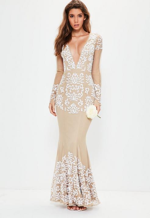 Wedding - Bridal Nude Long Sleeve Plunge Embellished Maxi Dress