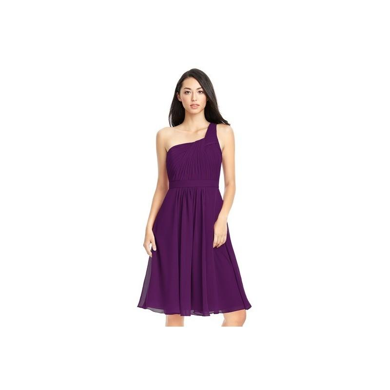 زفاف - Grape Azazie Camellia - Knee Length Strap Detail One Shoulder Chiffon Dress - Charming Bridesmaids Store