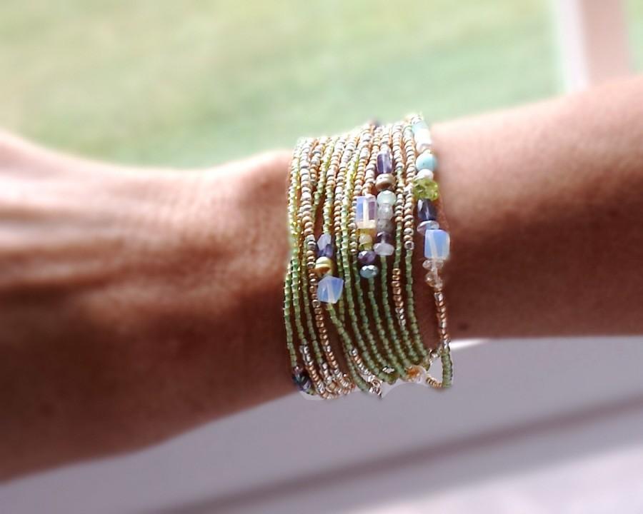 Wedding - Peridot, Iolite and Pearl Extra Long Seed Bead Wrap Bracelet  - SHIPPING IN SEPTEMBER Due to High Demand