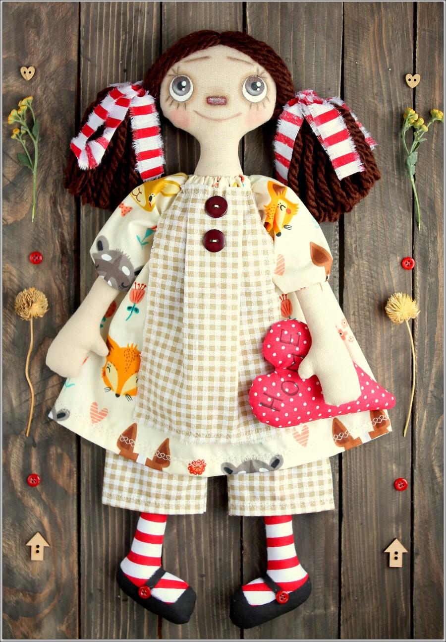 Hochzeit - Primitive Raggedy Doll Emily fabric soft doll rag doll cloth doll handmade doll 