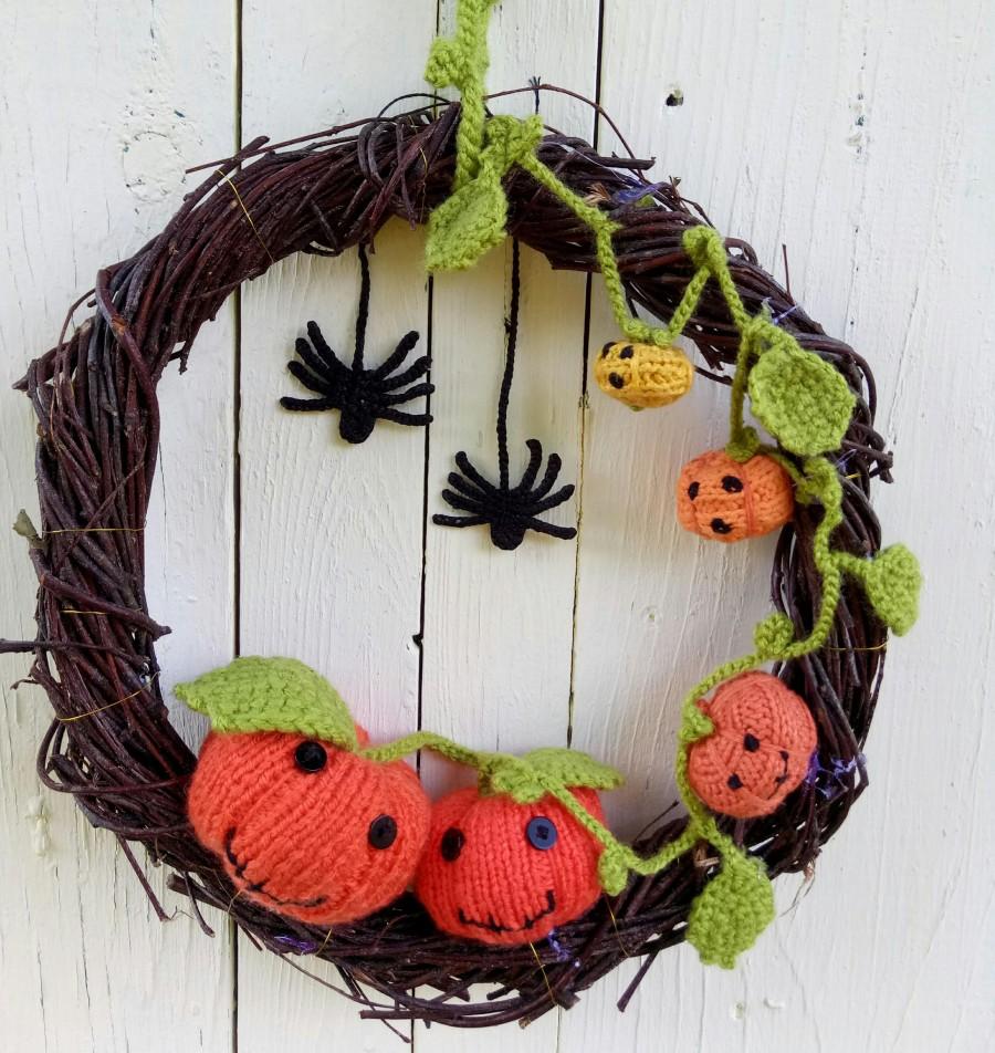 Wedding - Wreath With Crochet Pumpkins Gift on Halloween Gift on Housewarming Cute Gift  Natural Branches Crochet Décor Wall Décor Door Décor