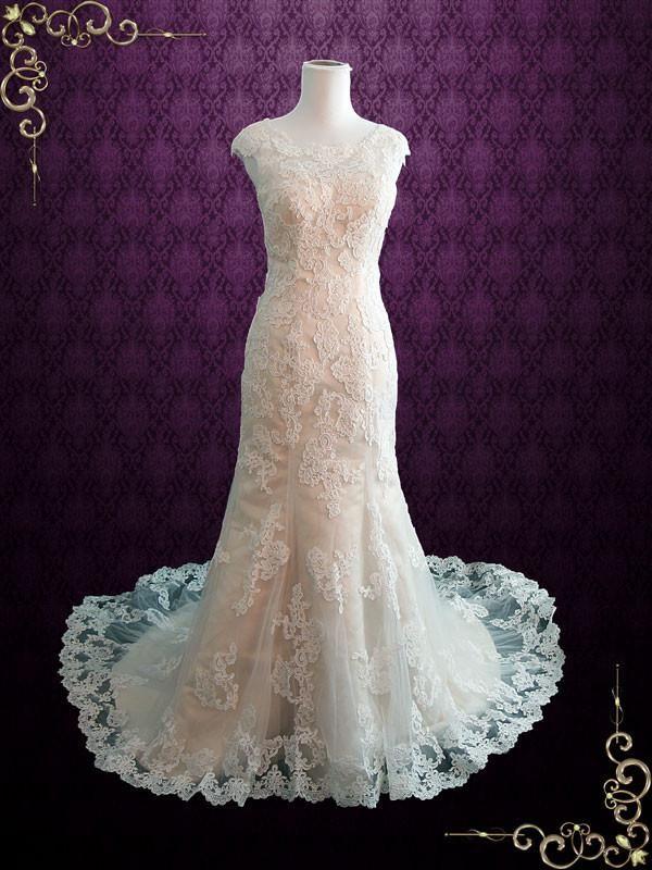 Hochzeit - Modest Vintage Lace Champagne Wedding Dress With Cap Sleeves 