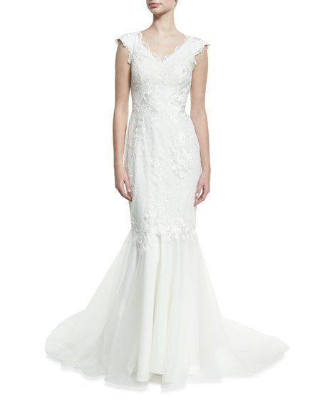 Hochzeit - Sweetheart-Neck Floral-Embroidered Mermaid Gown, White