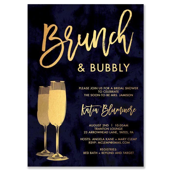 زفاف - "Katia" Navy And Gold Brunch   Bubbly Bridal Shower Invitation