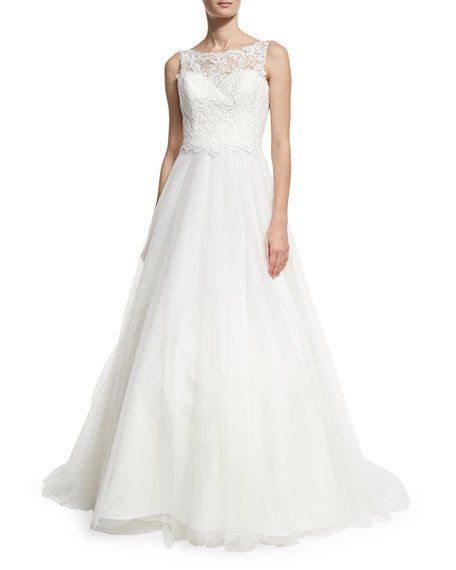 Mariage - Embroidered-Bodice Sleeveless Tulle Gown, White