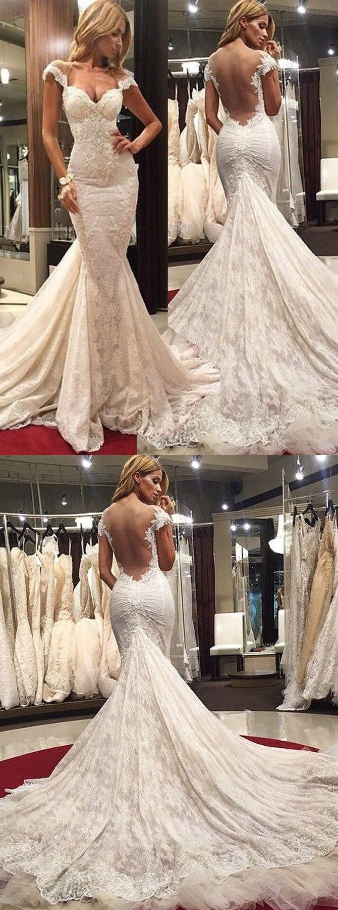 Hochzeit - Delicate Scoop Illusion Back Cap Sleeves Court Train Lace Mermaid Prom Dress